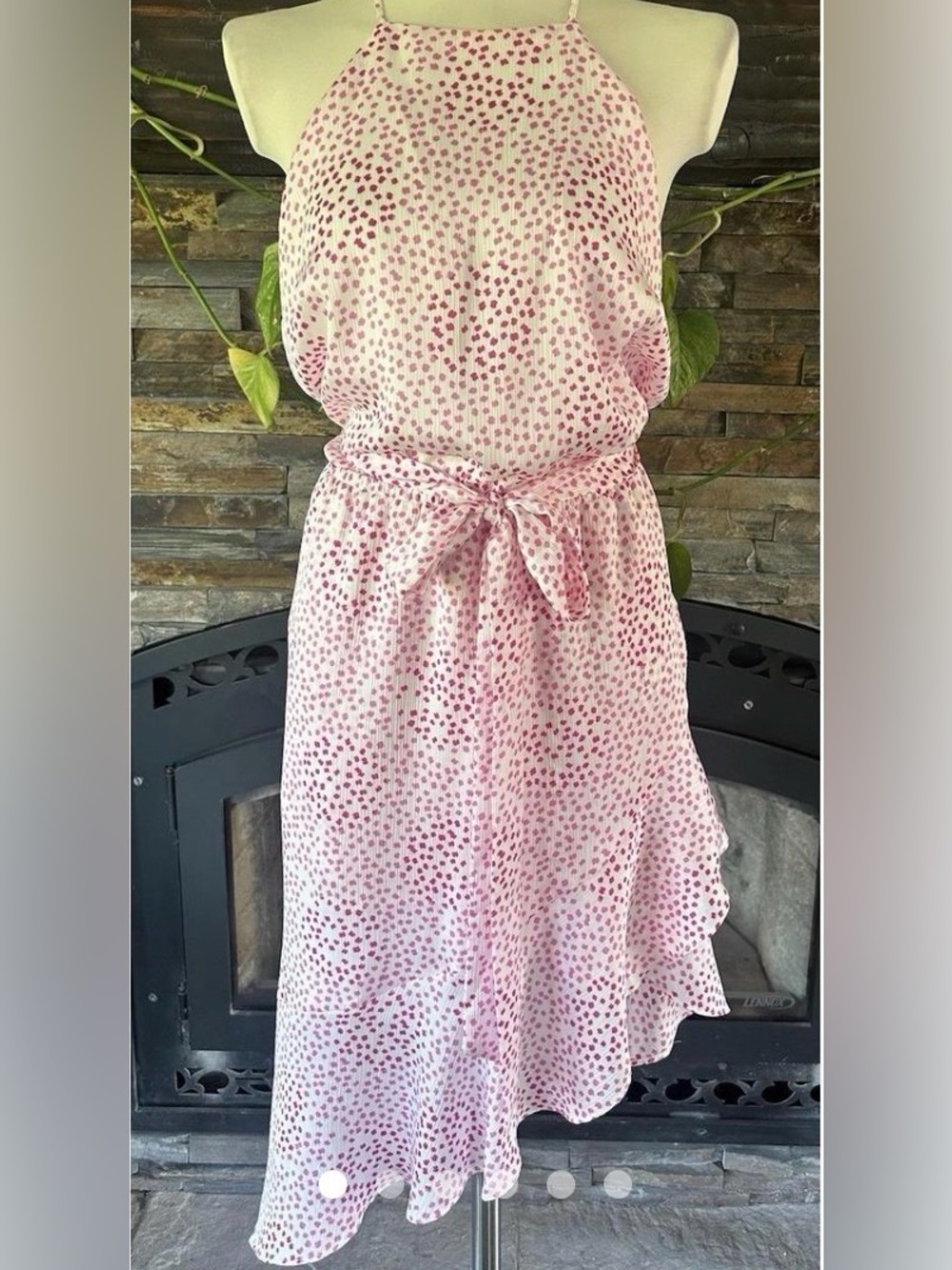 Express Pink Polka Dot Asymmetrical Halter Ruffle Dress